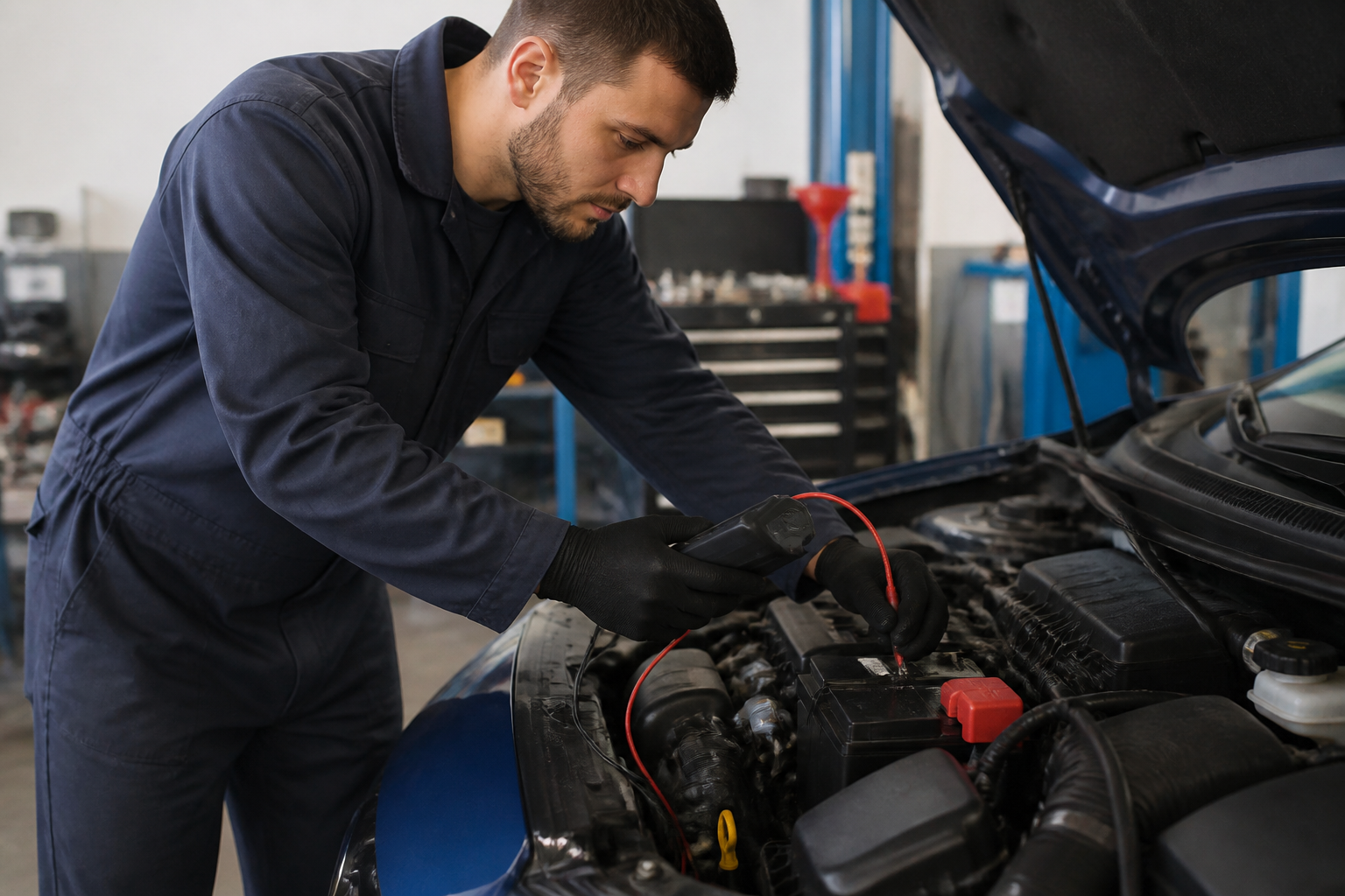 Garagiste testant la batterie d'une voiture avec un voltmètre