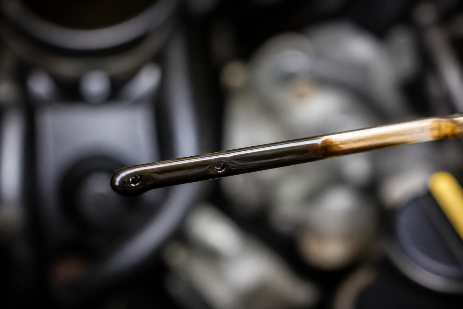 Jauge d'huile moteur diesel avec huile noire signalant une vidange nécessaire