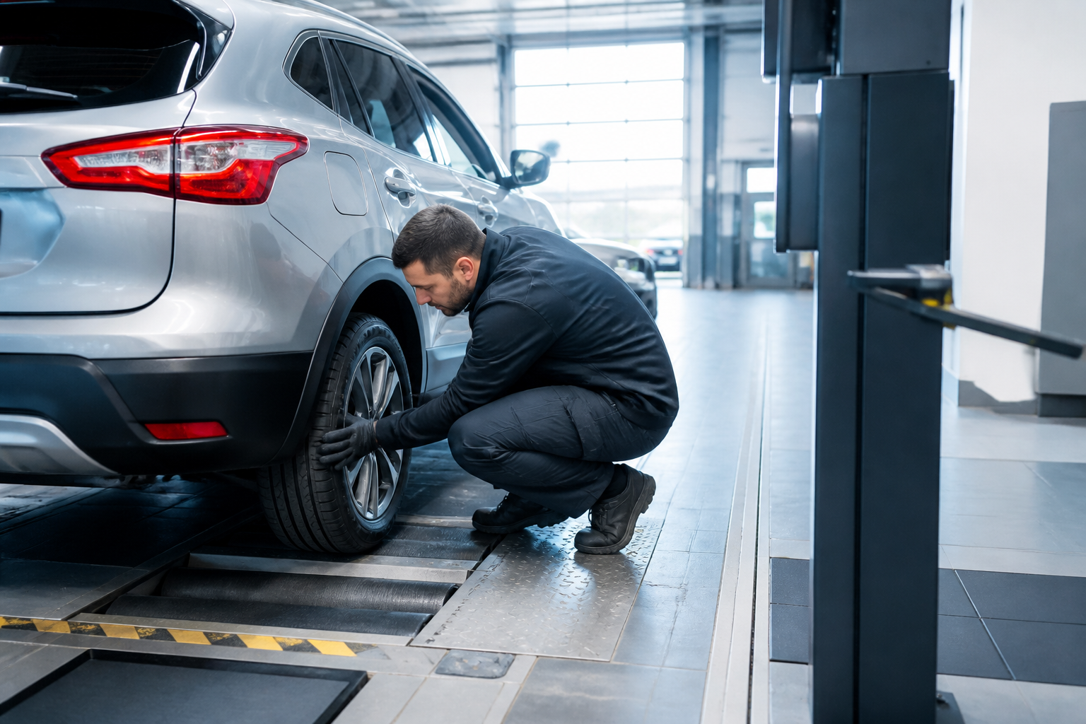 Contrôle technique d'un véhicule avec un technicien qui vérifie les freins et les pneus