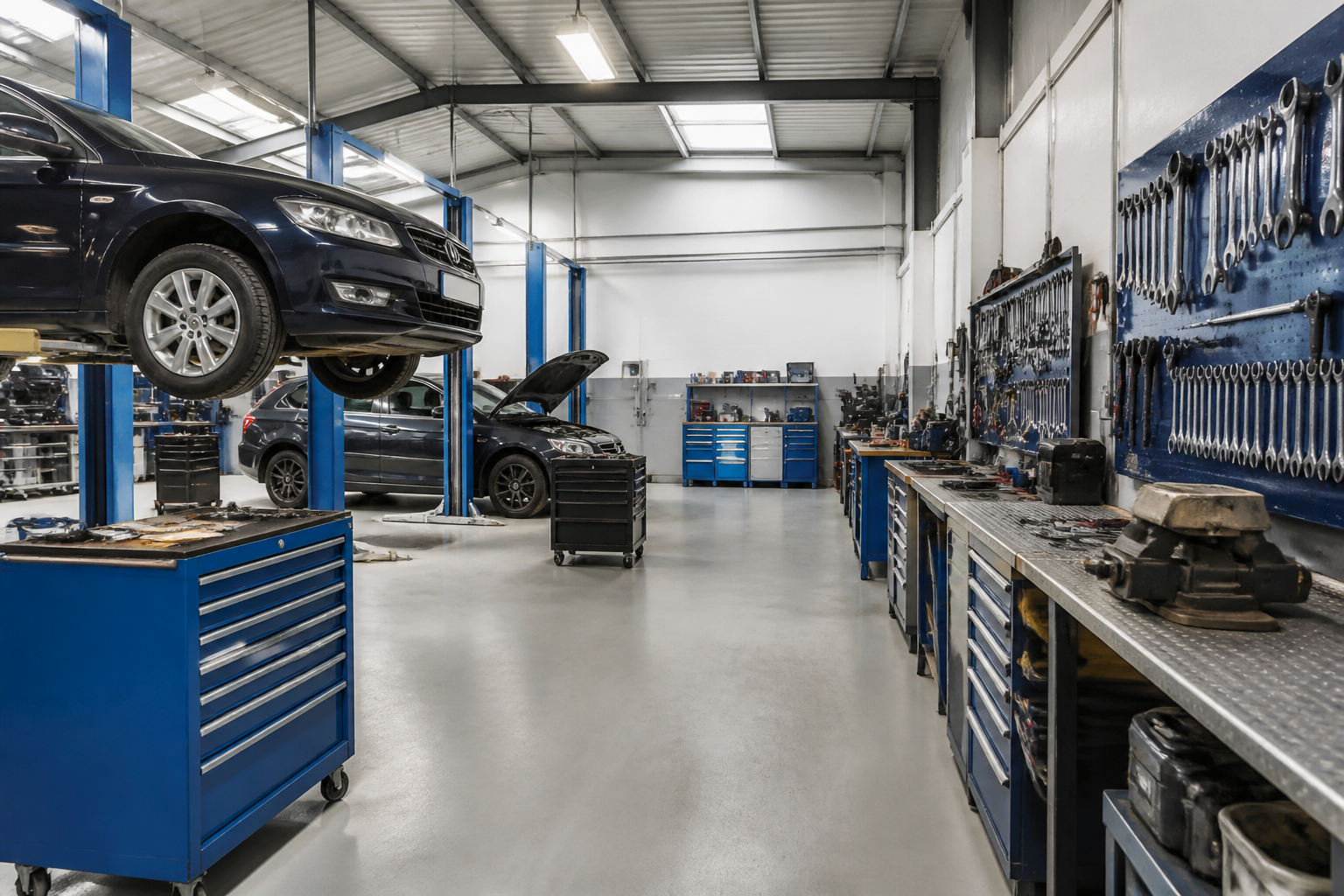 Intérieur propre et organisé d'un garage automobile de proximité avec voitures en réparation