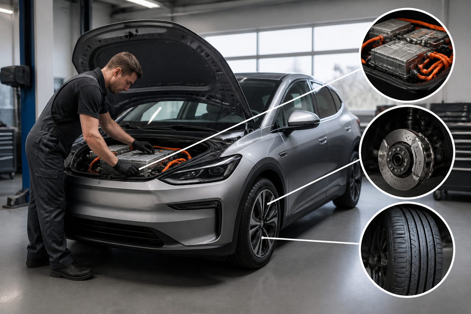 Schéma pédagogique montrant les étapes clés de la révision d'une voiture électrique