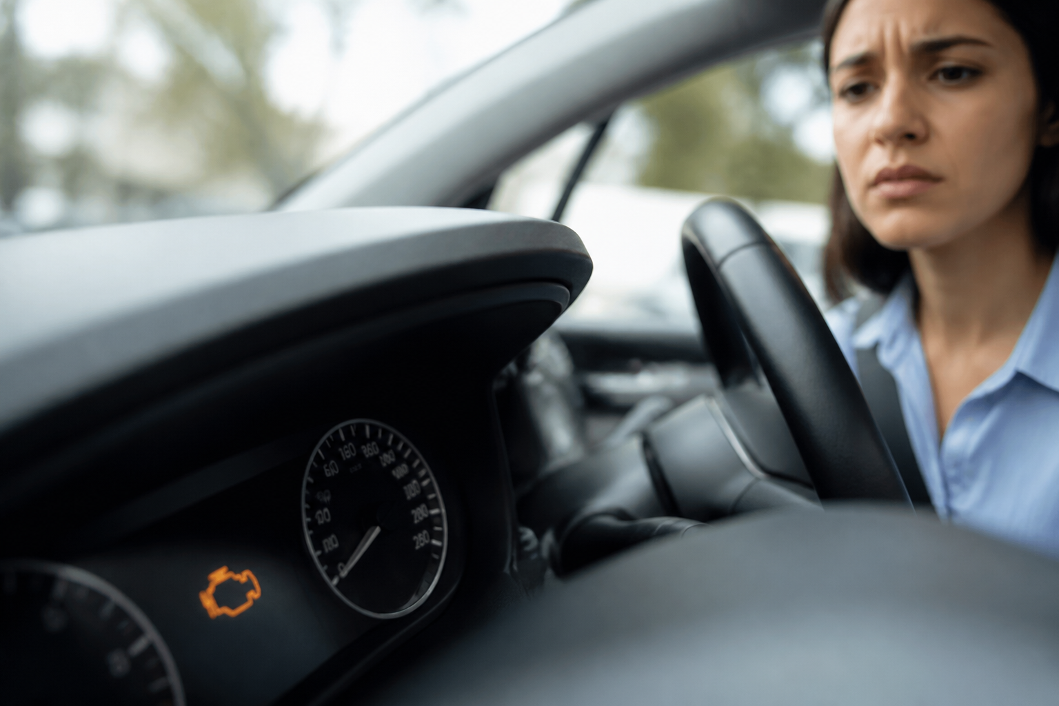 Tableau de bord d'une voiture avec voyant moteur allumé, conducteur inquiet