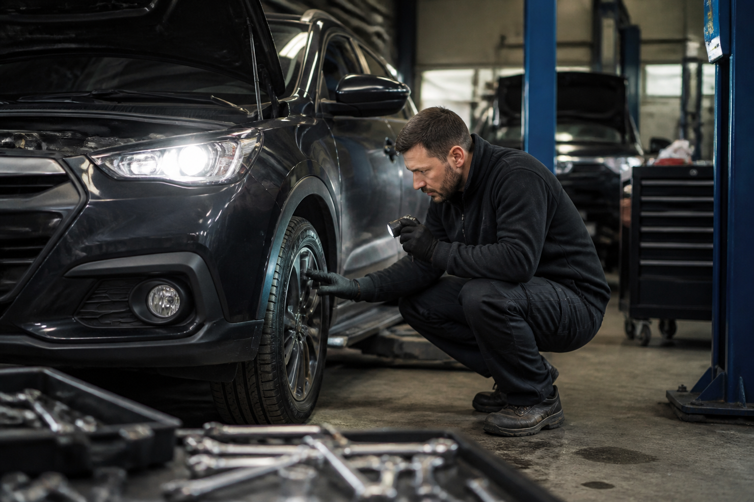 Garagiste inspectant les pneus et les phares d'une voiture
