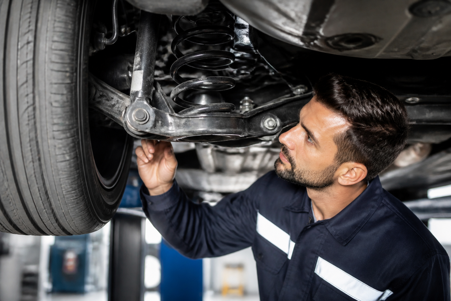 Garagiste professionnel inspectant l'alignement des pneus et la suspension sous une voiture