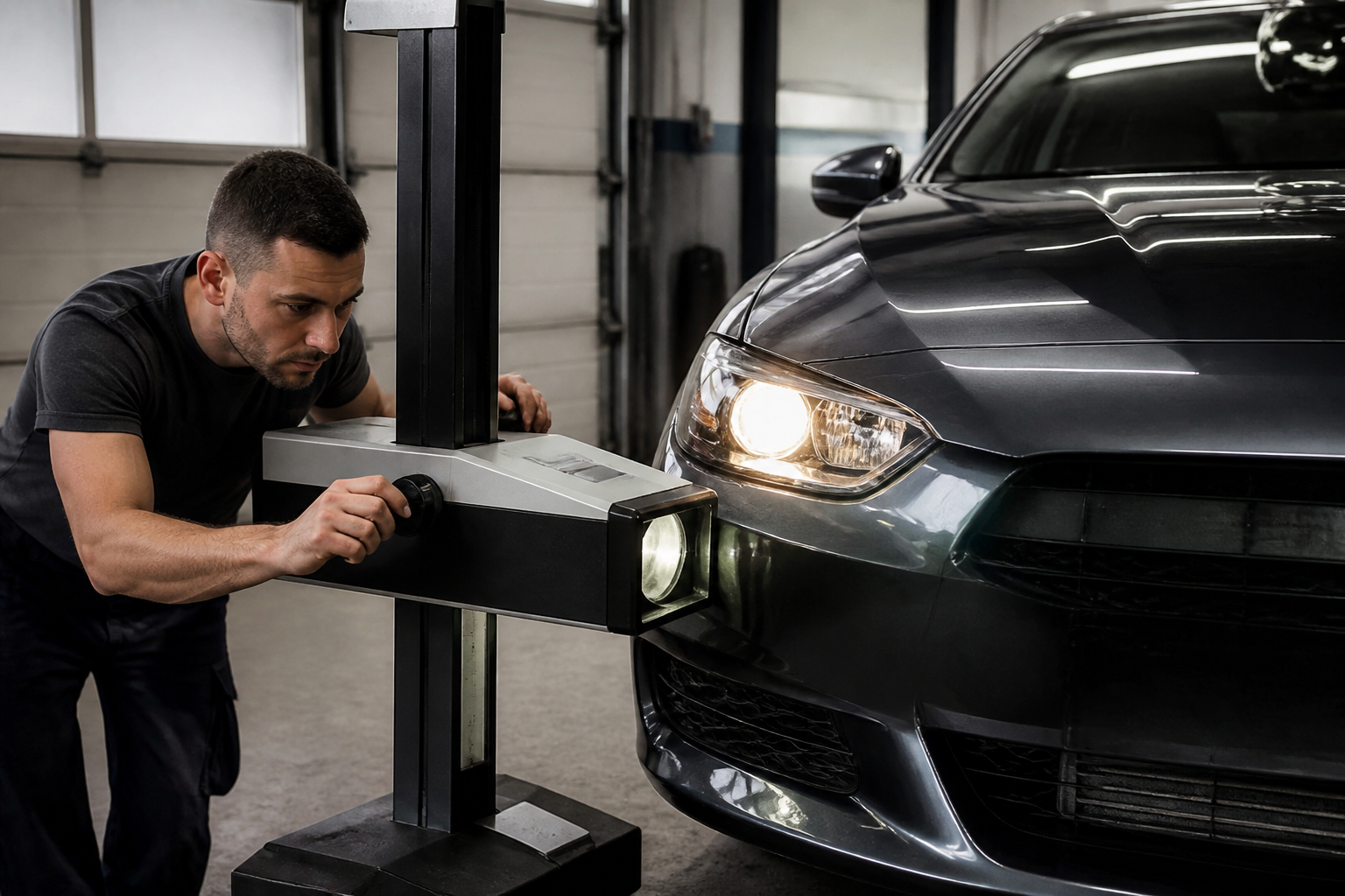 Garagiste réglant l'angle des phares d'une voiture dans un garage