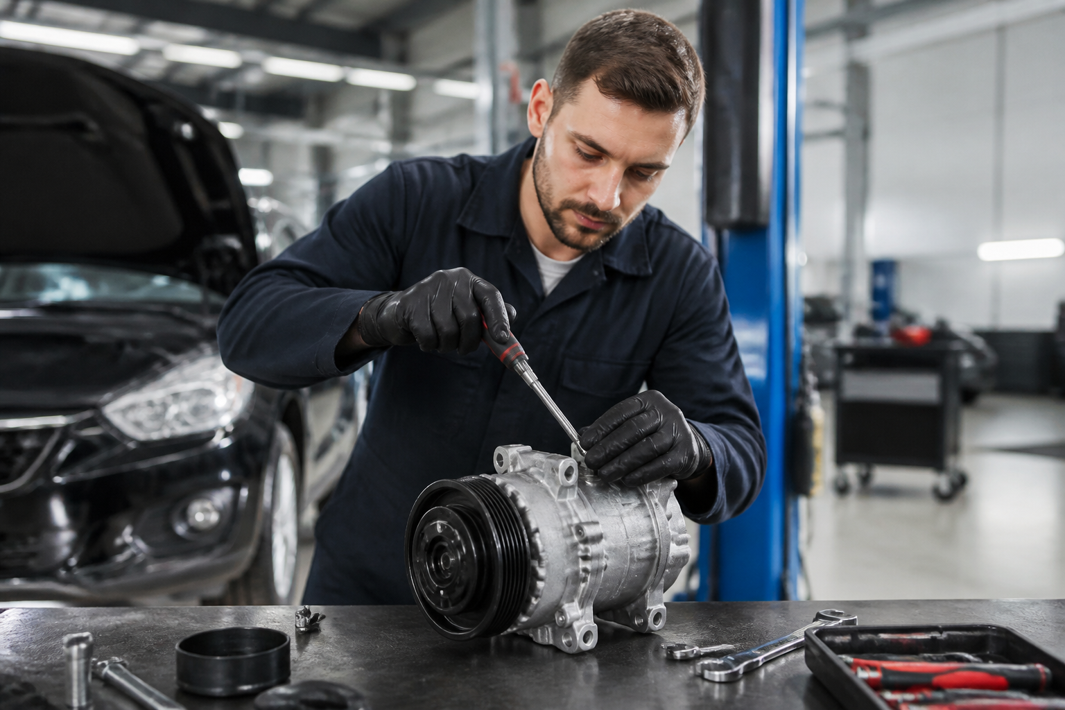 Technicien réparant un compresseur de climatisation automobile avec des outils dans un atelier