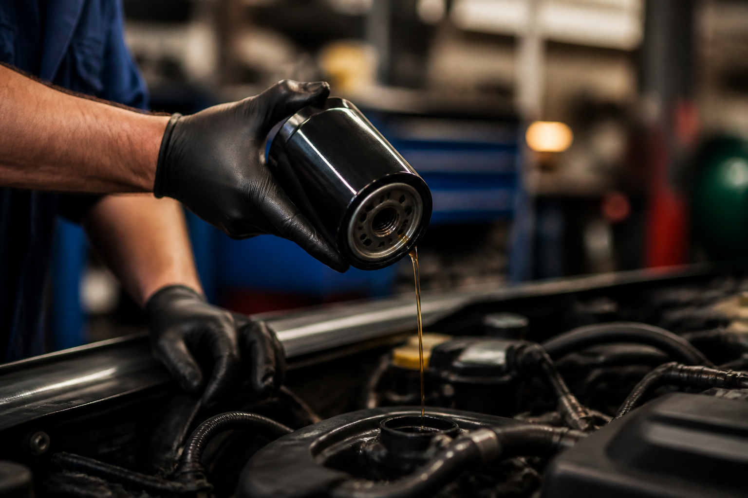Gros plan sur un garagiste changeant un filtre à huile pendant la vidange d'une voiture