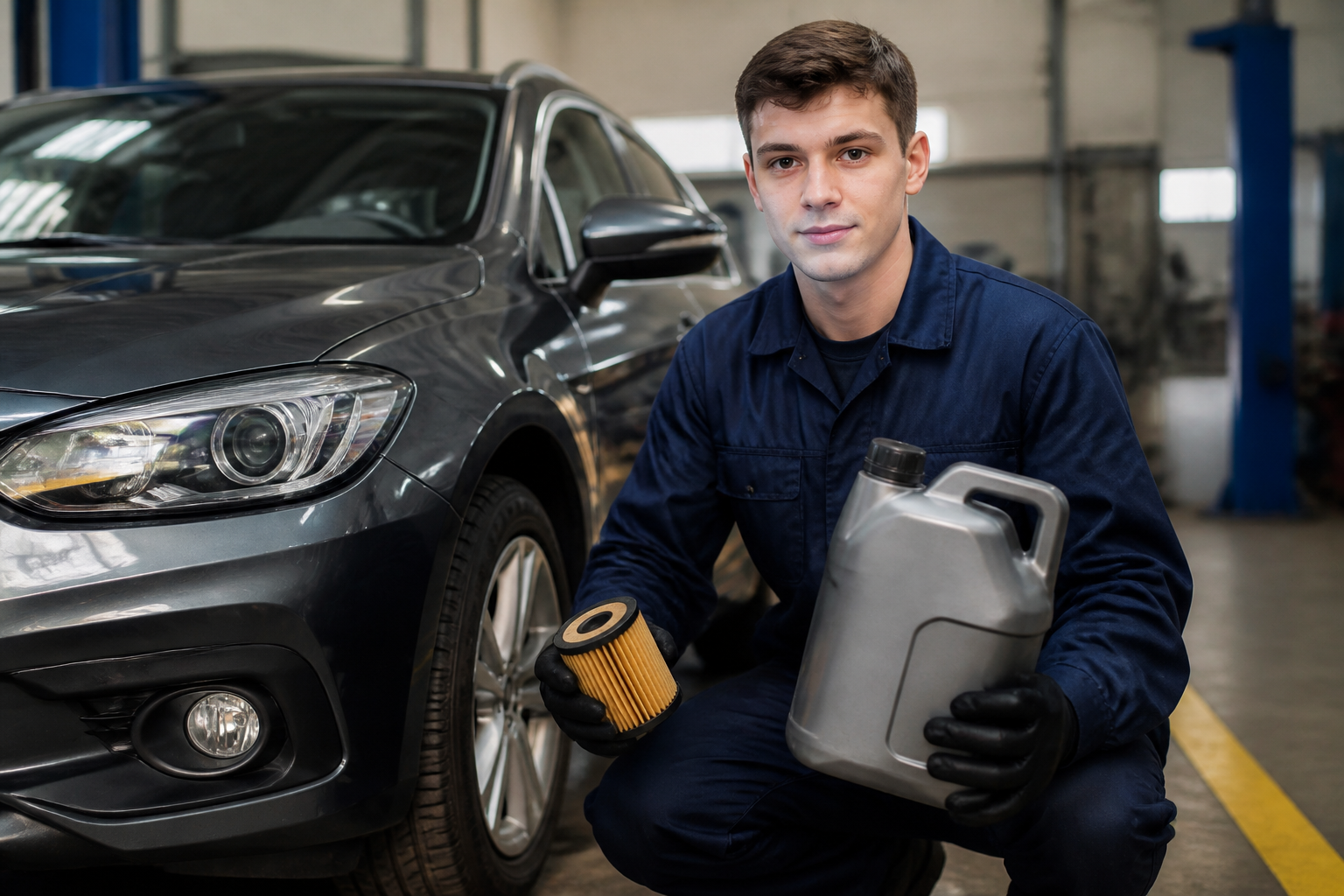 Garagiste présentant un bidon d'huile moteur et un filtre à huile près d'une voiture