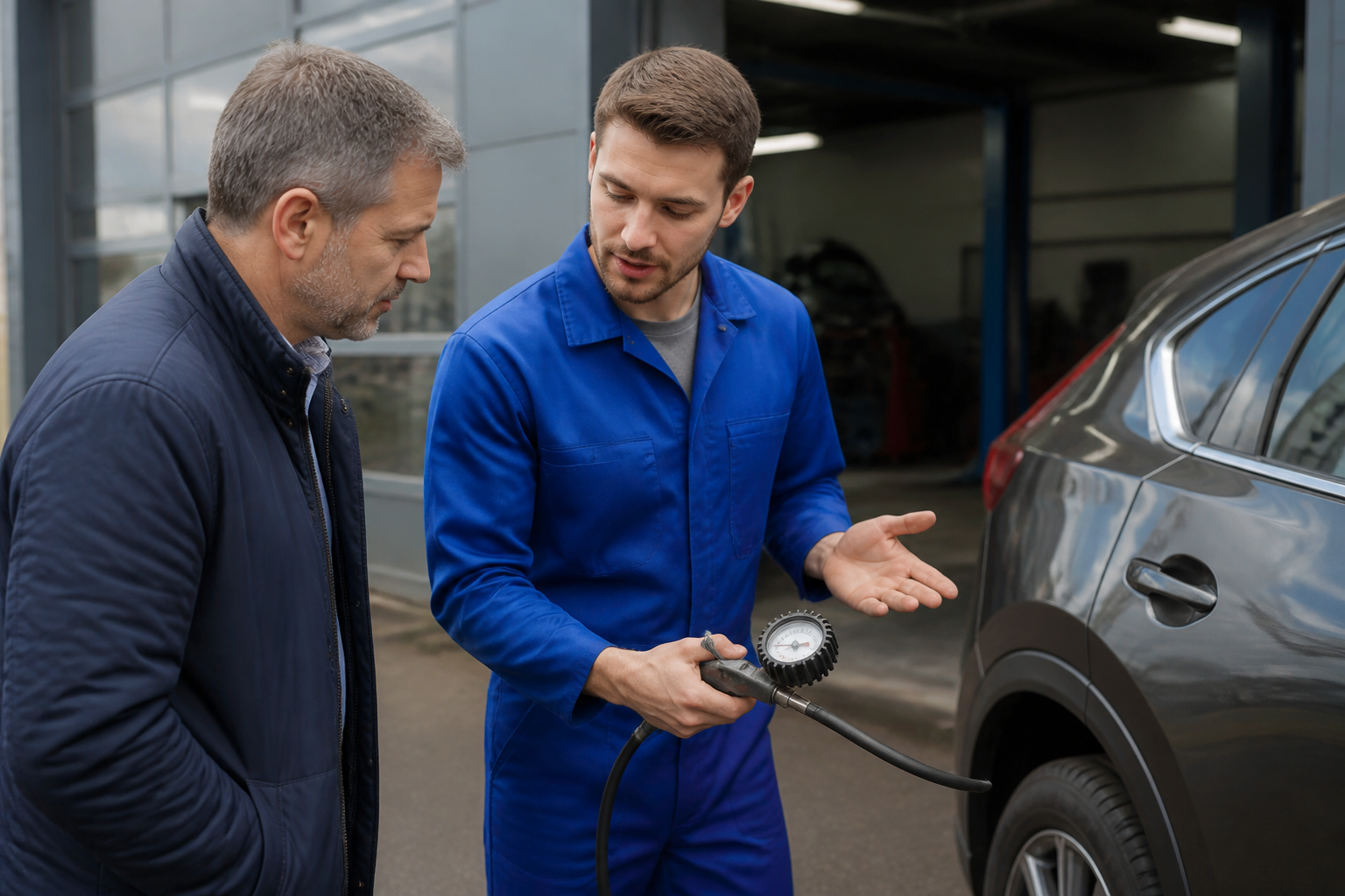 Garagiste pédagogue expliquant l'utilisation d'un gonfleur pneus
