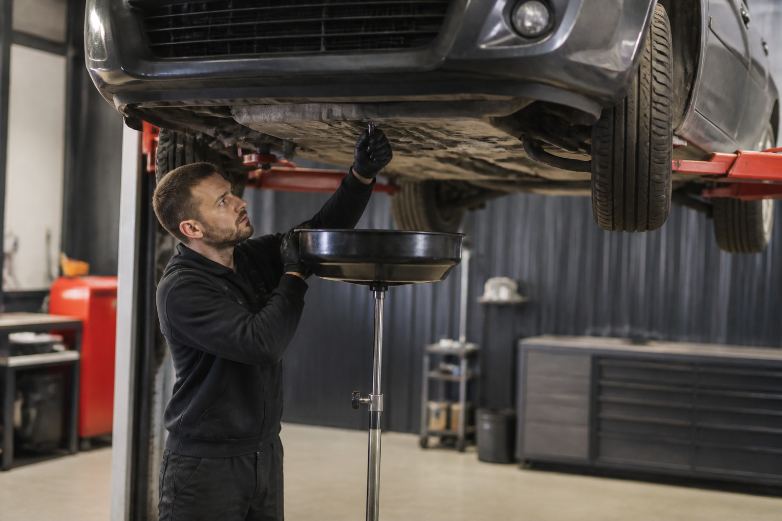 Garagiste effectuant une vidange sur Renault Clio 3 en garage