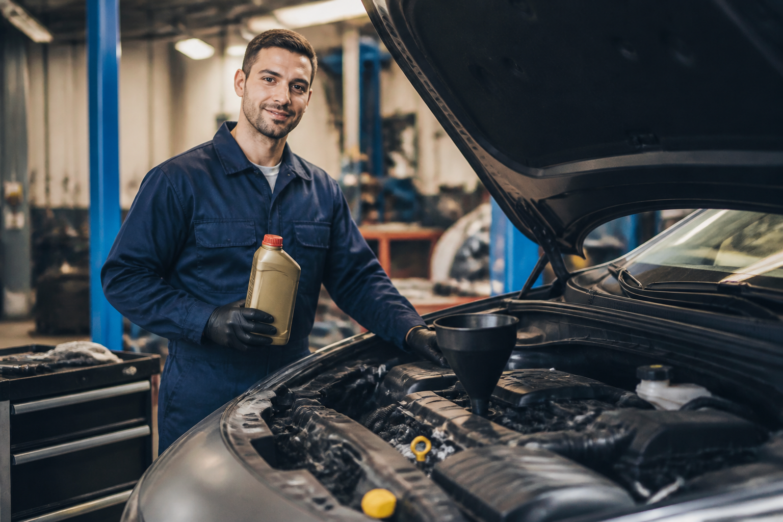 Atelier avec garagiste tenant une bouteille d'huile moteur près d'un moteur de voiture ouvert