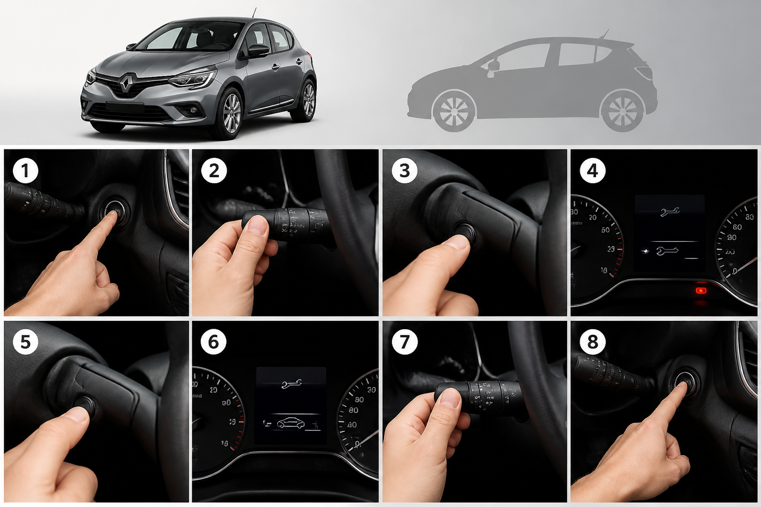 Infographie étapes pour remise à zéro vidange sur Renault Clio 4 avec icônes claires