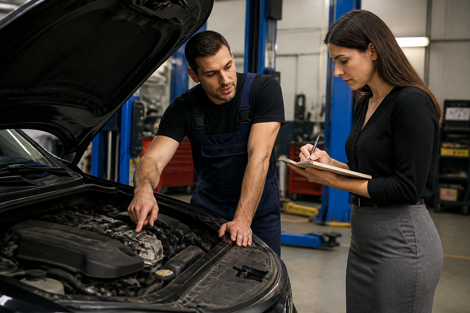 Propriétaire de voiture prenant des notes avec un garagiste montrant le moteur