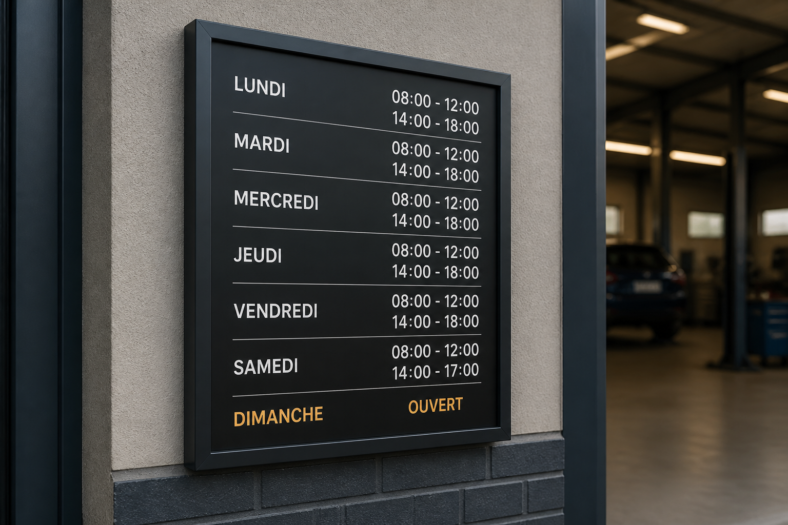 Horaires d'ouverture affichés indiquant que le garage est ouvert le dimanche