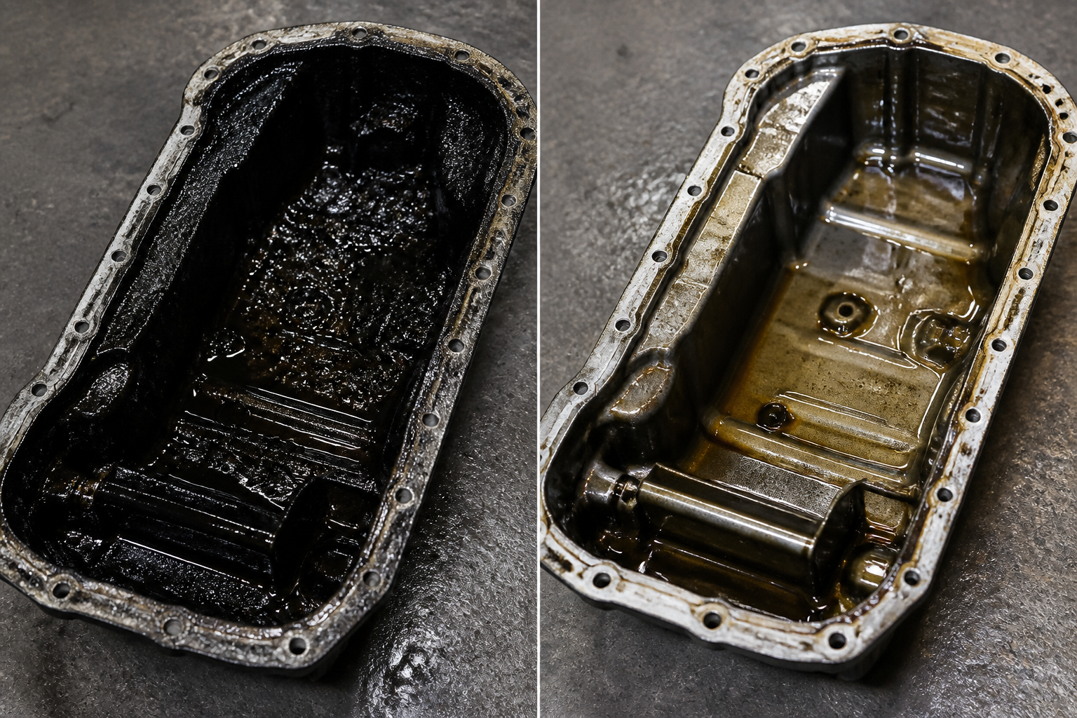 Comparaison du carter moteur avant et après vidange classique montrant résidus au fond