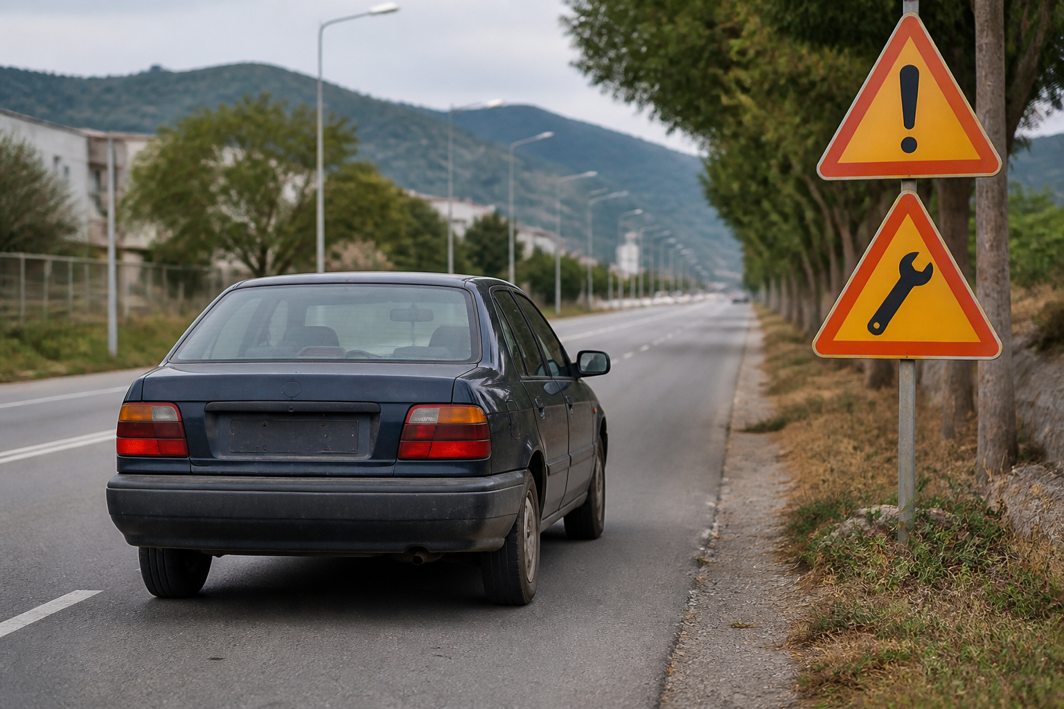Voiture sans permis circulant avec panneaux de sécurité et conseils d'entretien