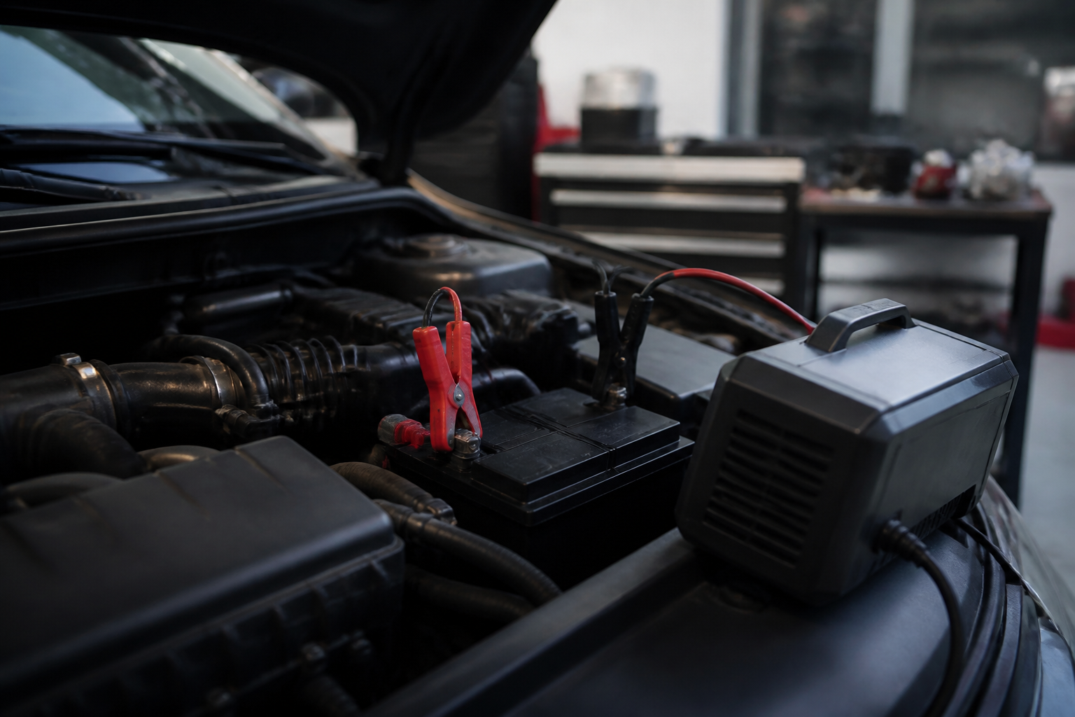 Chargeur de batterie connecté à une batterie de voiture