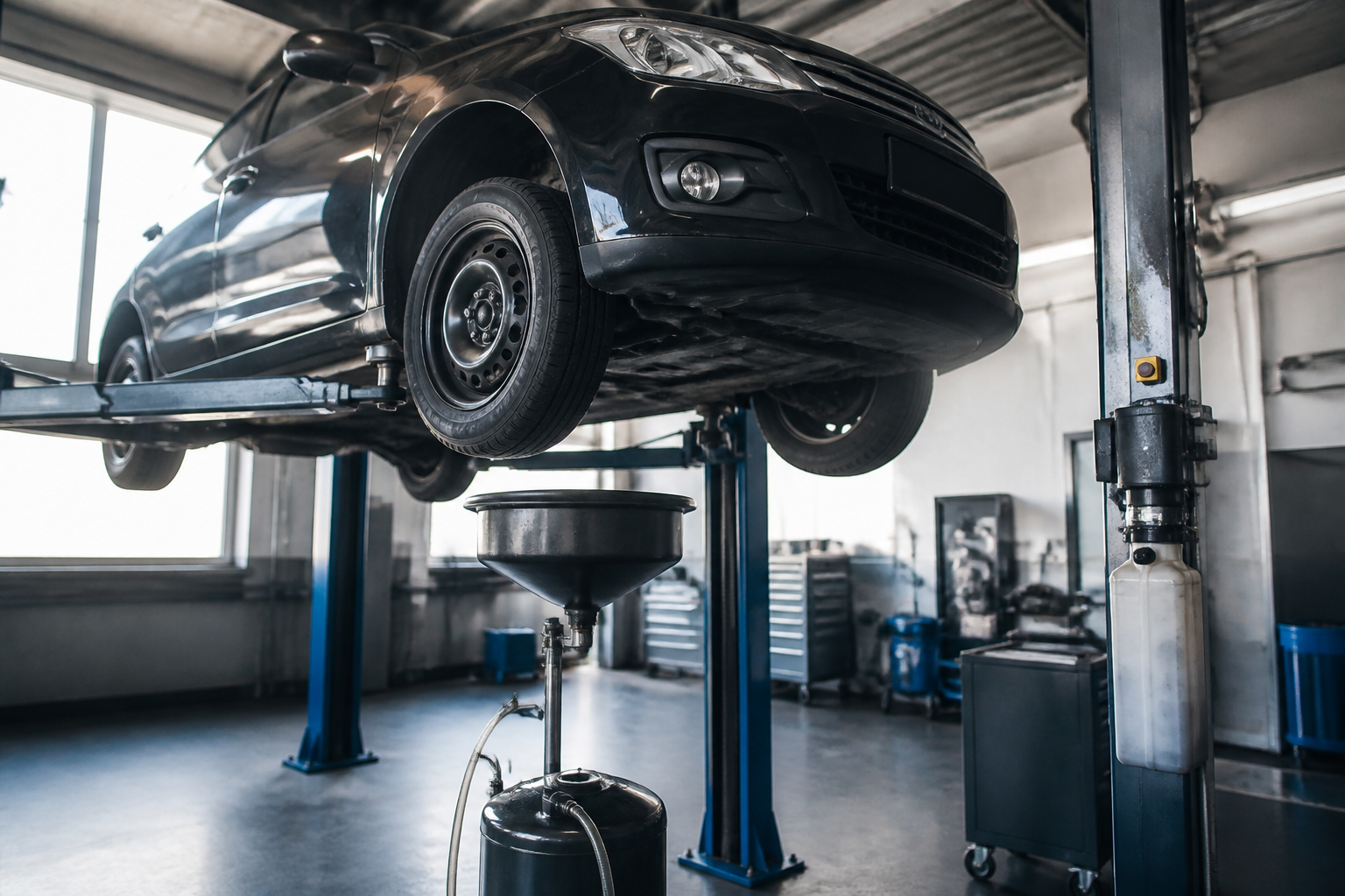 Voiture diesel en atelier prête pour une vidange d'huile