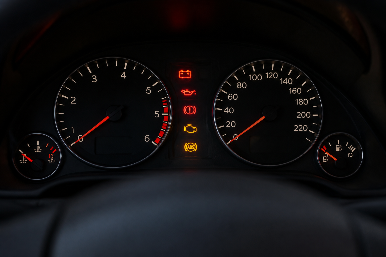 Tableau de bord de voiture avec voyants d'alerte, illustrant les symptômes à surveiller avant une révision ou un contrôle technique