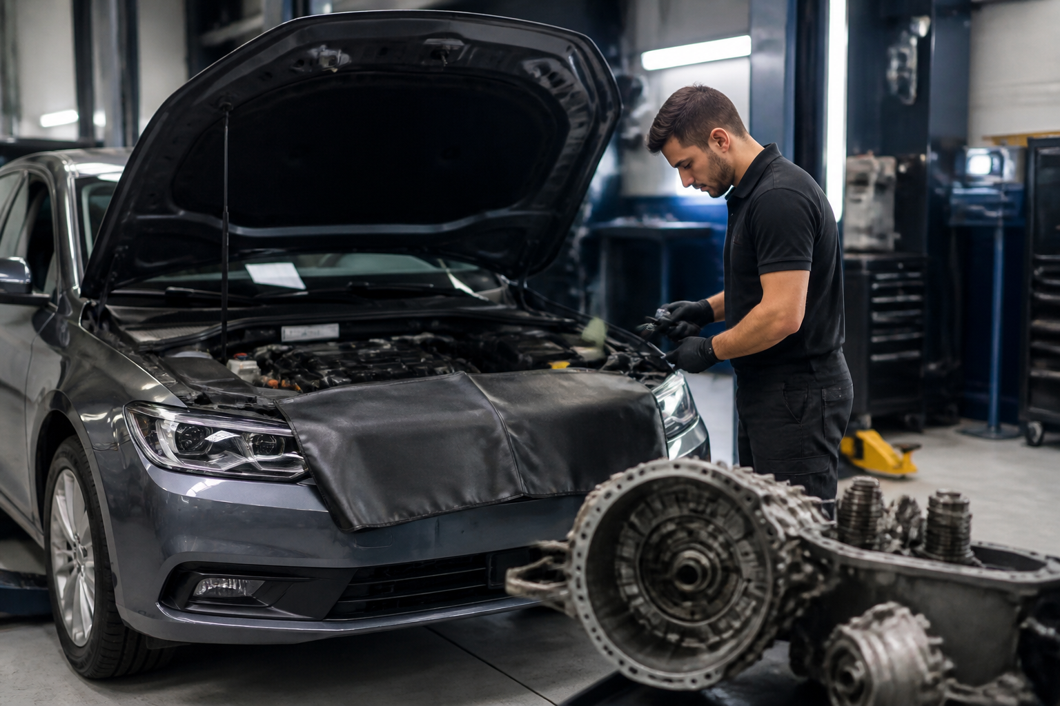 Inspection et entretien de boîte automatique dans un garage spécialisé
