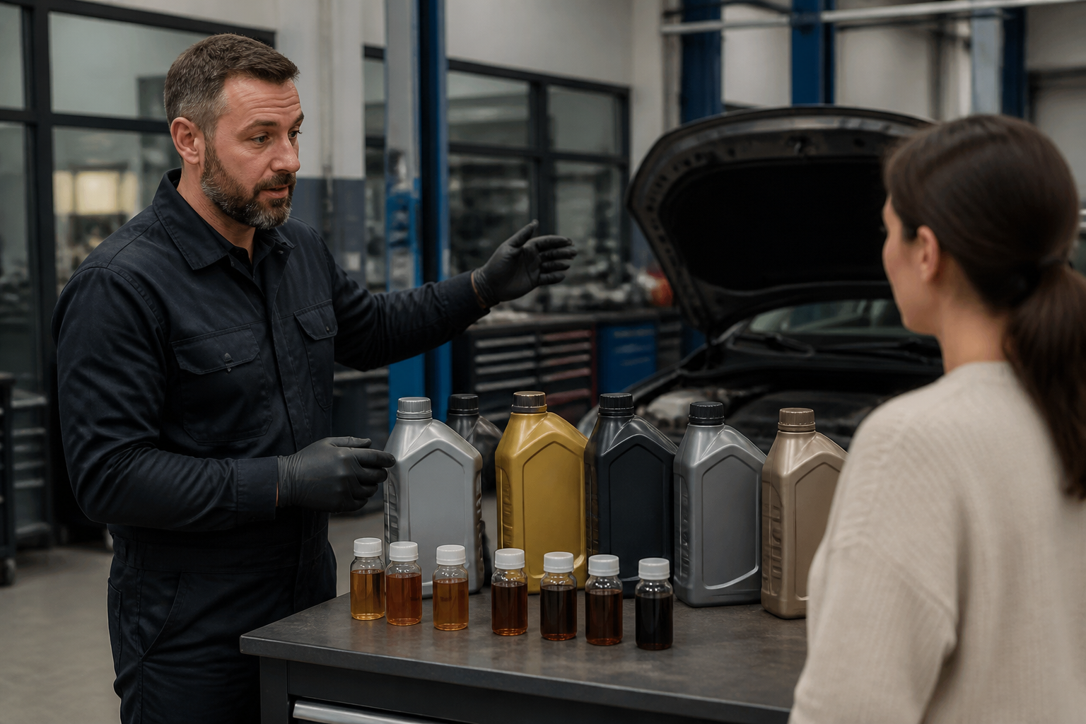 Garagiste pédagogue expliquant l'huile 5W40 et son usage