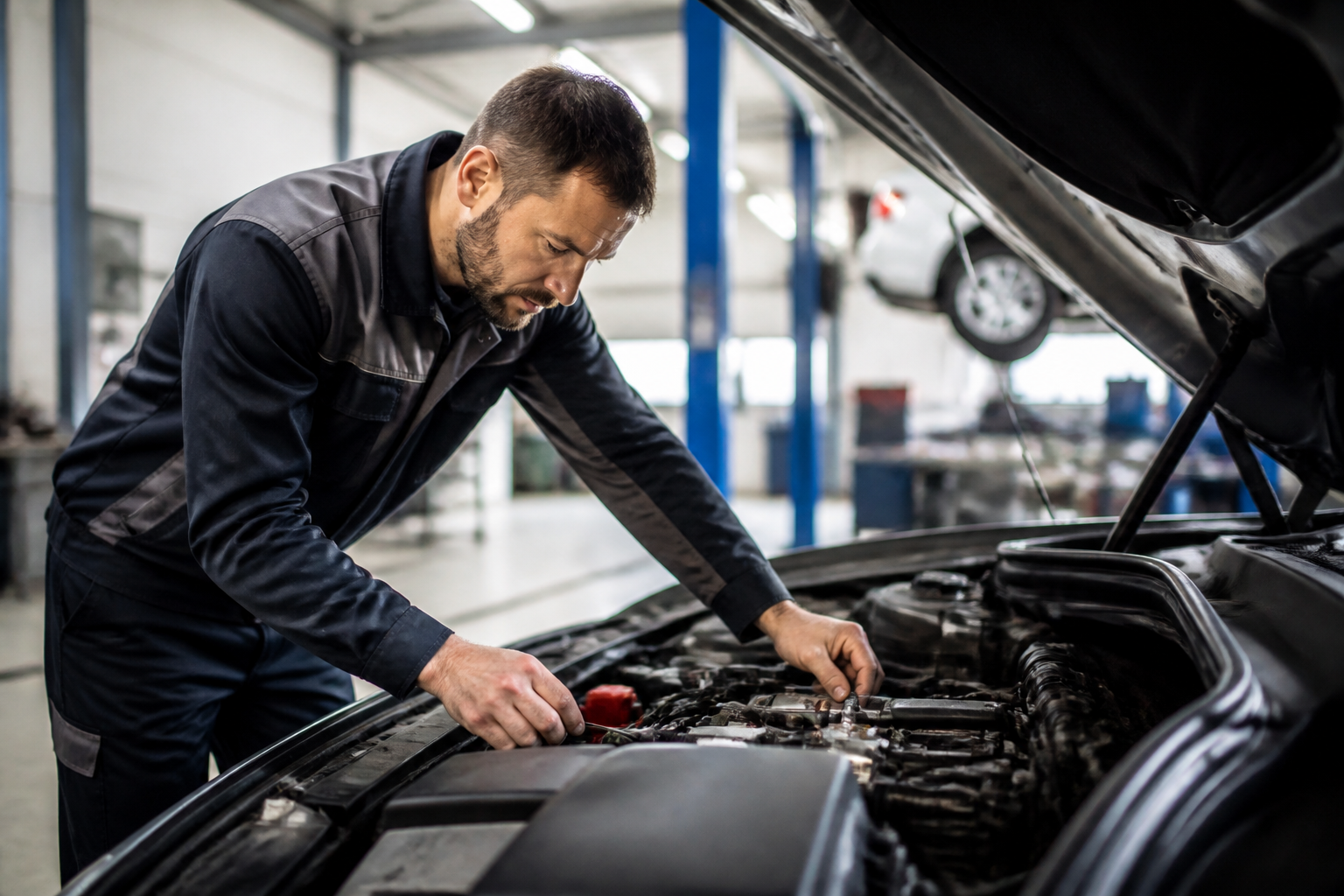 Véhicule en inspection technique dans un garage professionnel