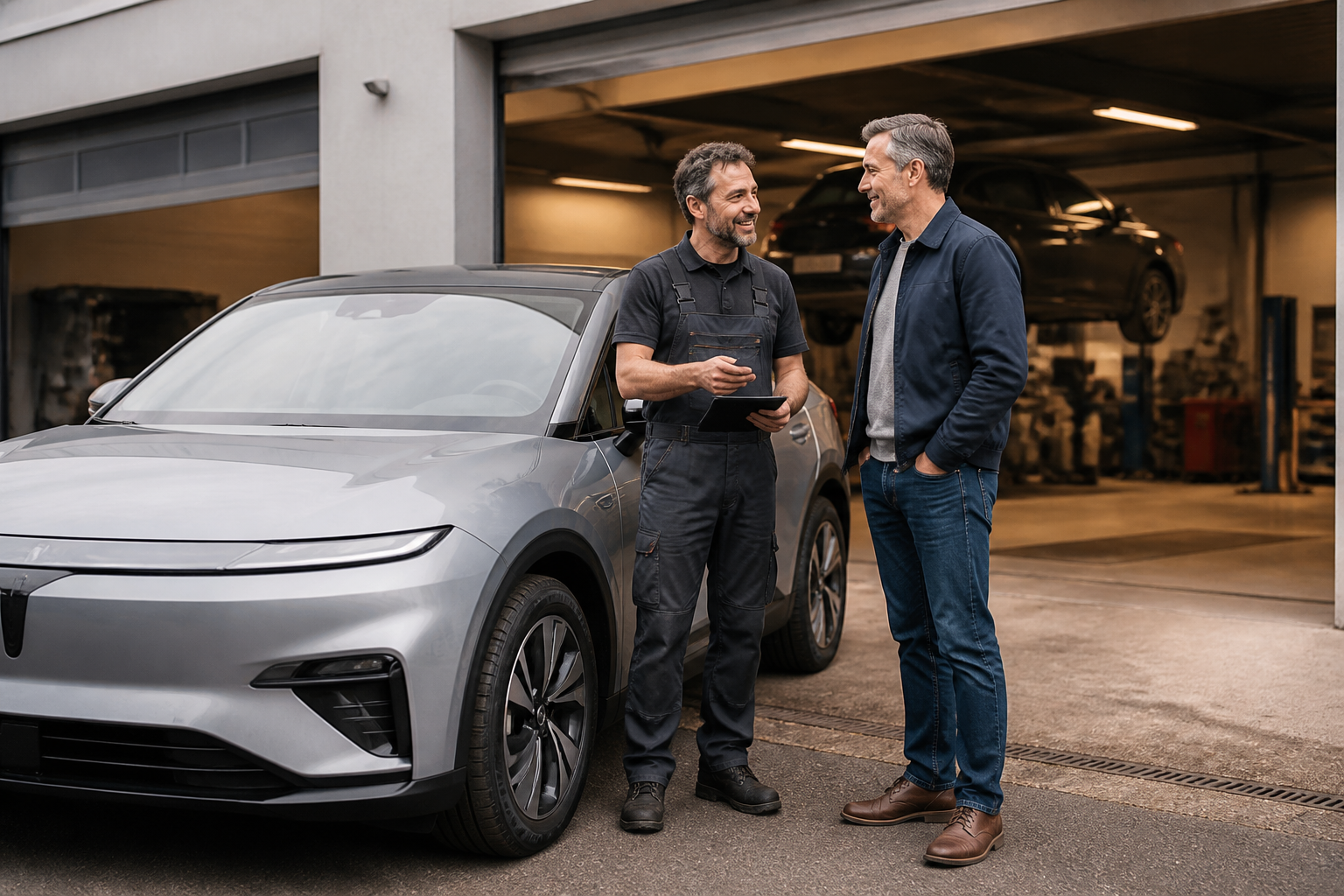 Garagiste de proximité discutant de l'entretien d'une voiture électrique avec son client