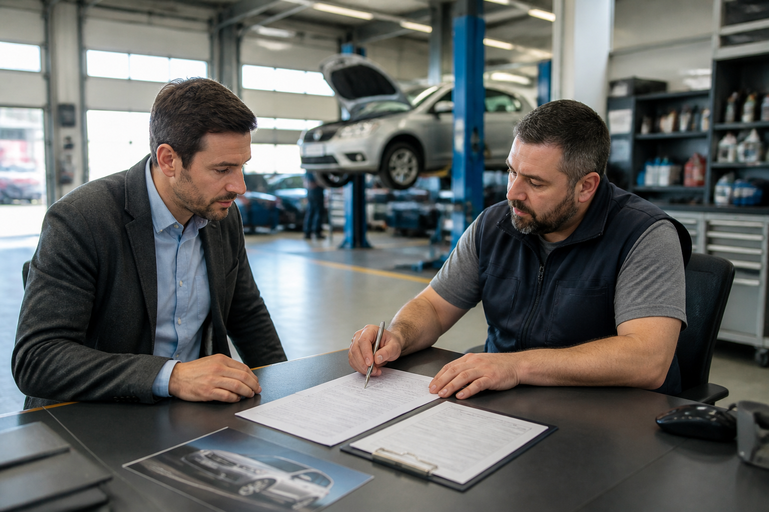 Client discutant d'un devis de réparation auto avec un garagiste