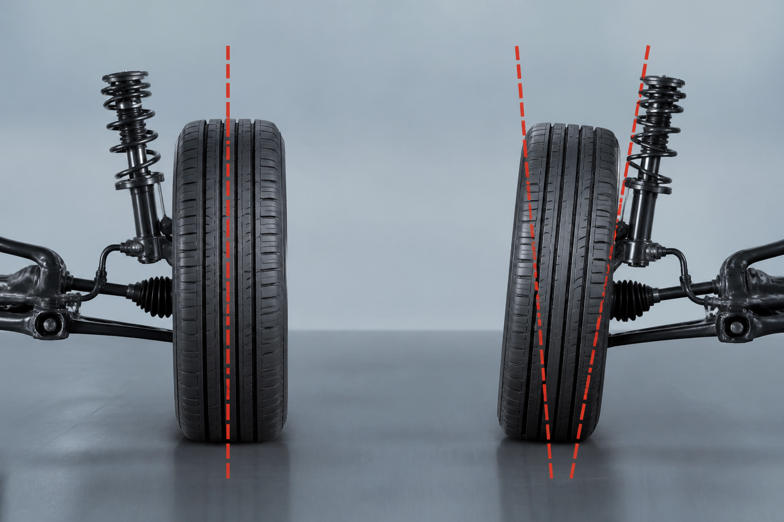 Schéma explicatif du parallélisme avec comparaison entre réglage correct et roues pincées