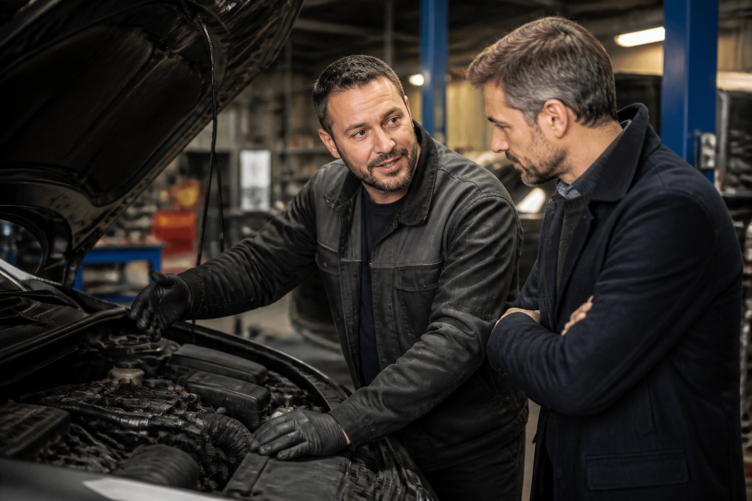 Mécanicien à Alès expliquant une réparation à un client dans un garage.