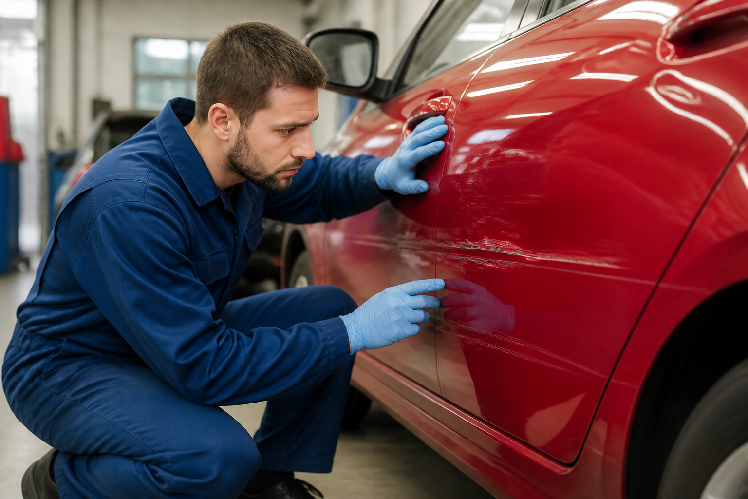 Garagiste inspectant rayure profonde sur portière rouge