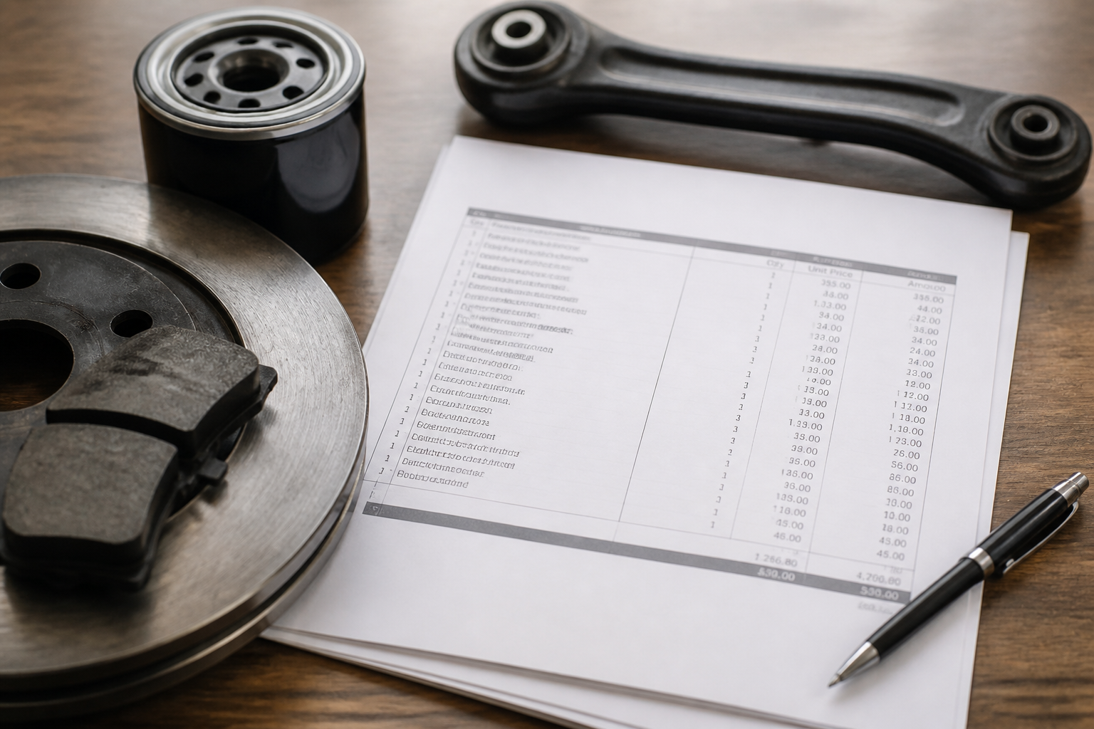 Facture détaillée avec pièces auto et main d'œuvre pour réparation automobile