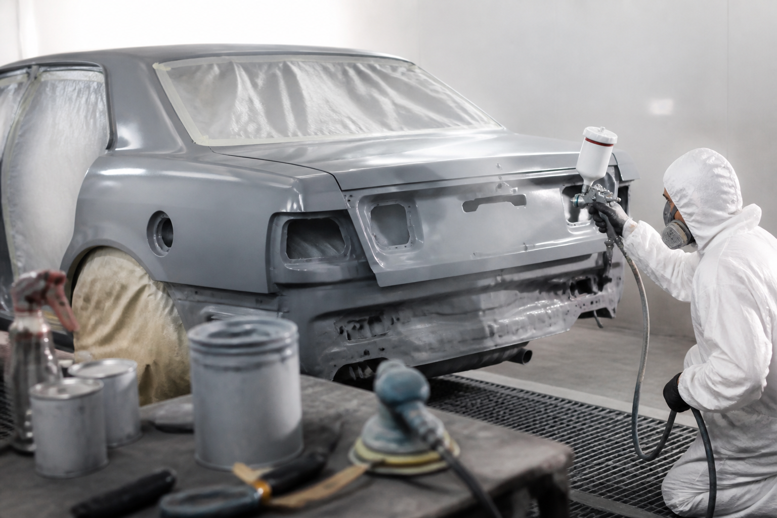 Atelier de carrosserie avec voiture en réparation et peinture appliquée