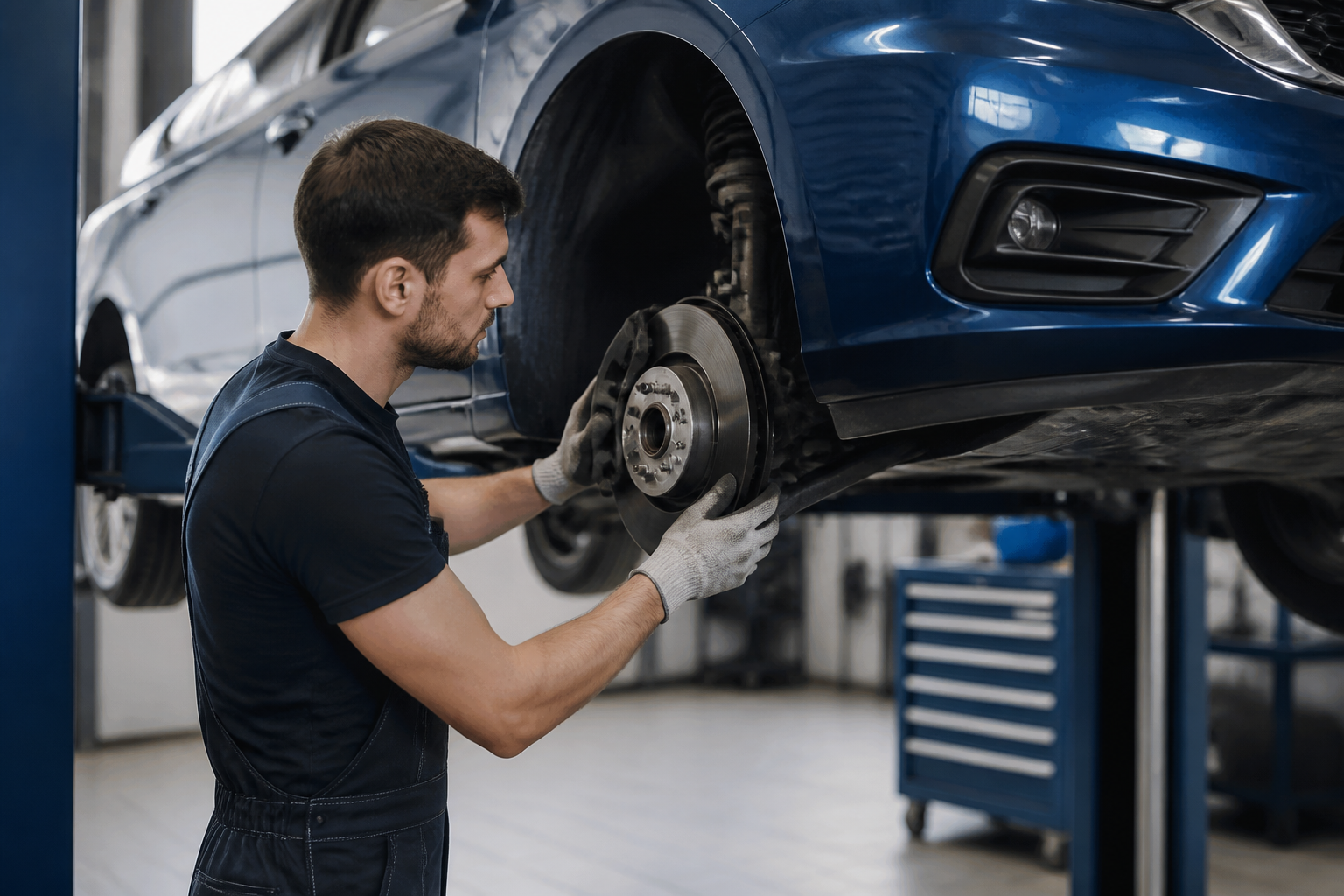 Entretien voiture avec contrôle des pneus et des freins dans un garage.