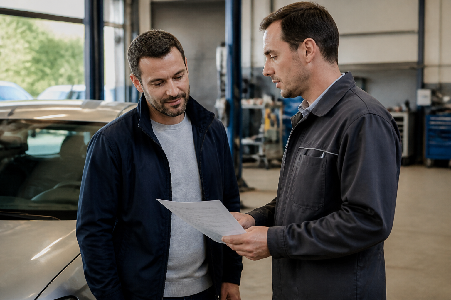 Discussion entre un garagiste et un client à Mâcon autour d'un devis