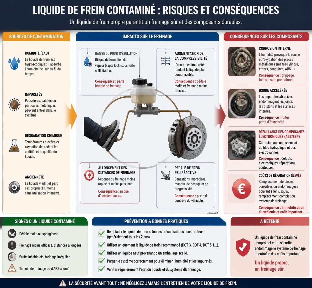 découvrez les causes, les risques liés au liquide de frein contaminé ou sédimenté, ainsi que des solutions efficaces pour garantir la sécurité et la performance de votre système de freinage.